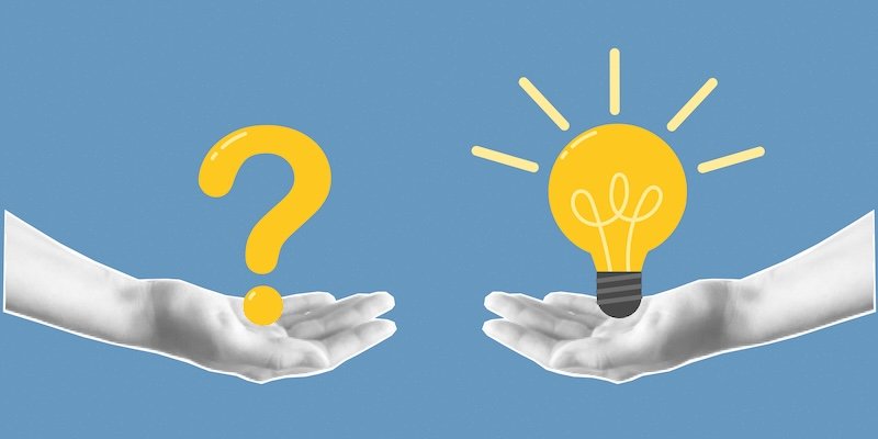 Halftone collage banner. Two hands cut out of paper, one holding a question mark, the other a light bulb. Question and answer, problem solving or business solutions concept.