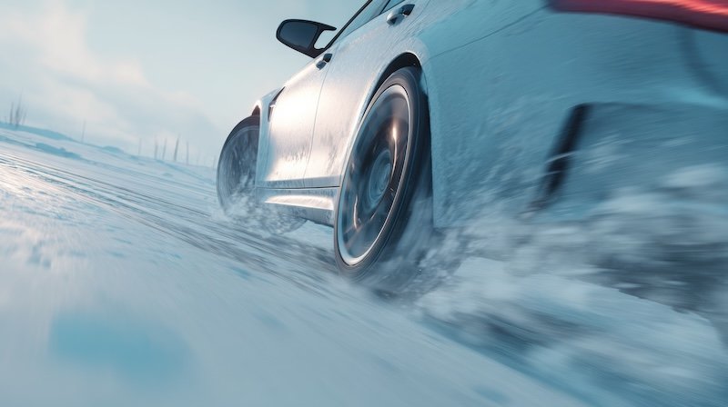 abrupt braking on icy road, ABS pulsing, car sliding slightly sideways, snow flying, cold winter environment, clean minimalistic style, soft daylight, high-detail automotive focus