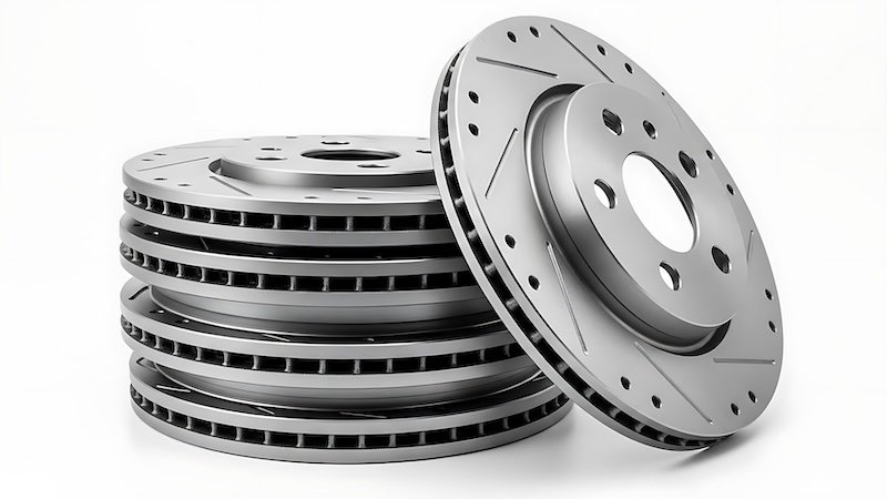 A stack of five silver car brake rotors sits to the left, with a single, similar rotor angled in front of it on the right. Both the stacked and single rotors have circular holes drilled around their circumference and straight slots cut into their surface. The objects are metallic and appear to be made of steel. They are presented against a plain white background.