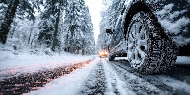 Snowy road scene, car tire close-up