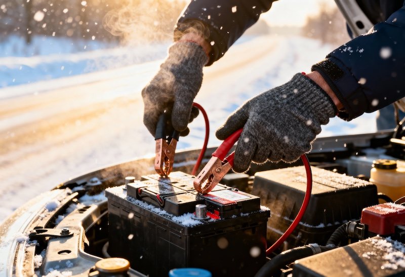 Winter car maintenance concept: gloved hands attaching jumper cables to a battery for emergency assistance. essential automobile assistance in cold weather conditions..