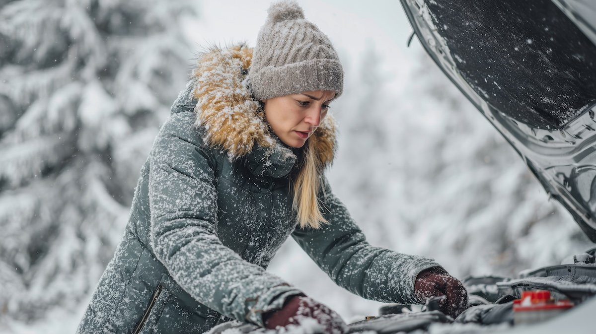 Woman is standing next to a car with her hands on the hood. She is wearing a hat and a coat. The car is covered in snow