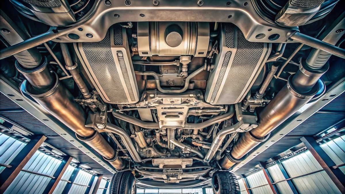 Detailed Drone Photography of Car Underbody Featuring Catalytic Converter, Engine Oil Filter, and Transmission Pan for Pre-Purchase Inspection by Auto Mechanic