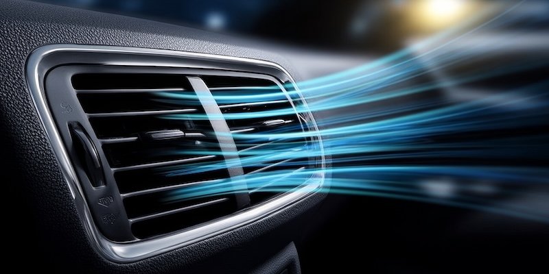 Close Up of a Modern Car Air Conditioning System Projecting Cool Blue Air Streams in Soft Light