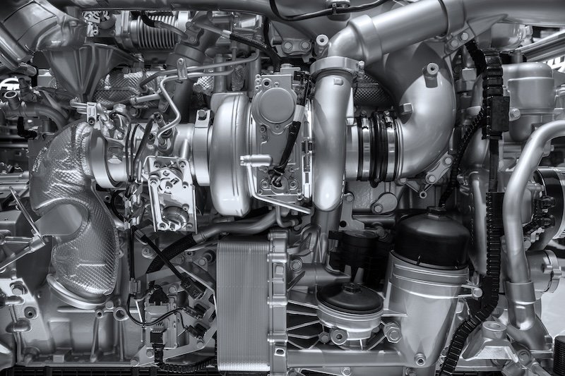 Close up of the mechanics of a large diesel engine.