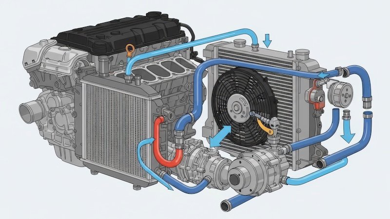 A clear and detailed illustration showcasing the intricate components of an automotive engines cooling system, including the radiator, fan, and fluid pathways.