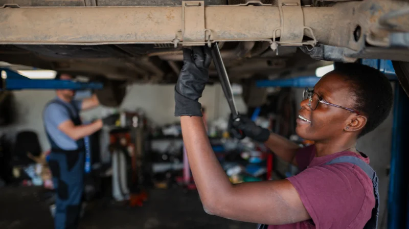 Mechanic repairing car underside