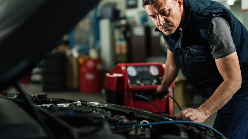 Mechanic testing car battery
