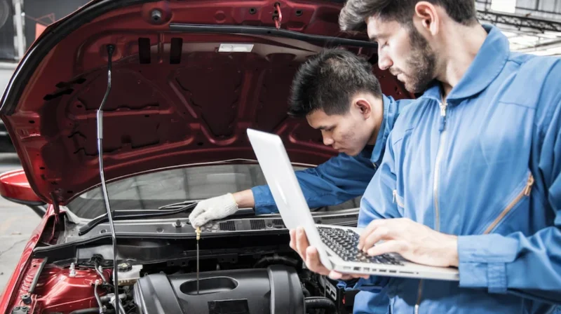 Mechanics diagnosing engine