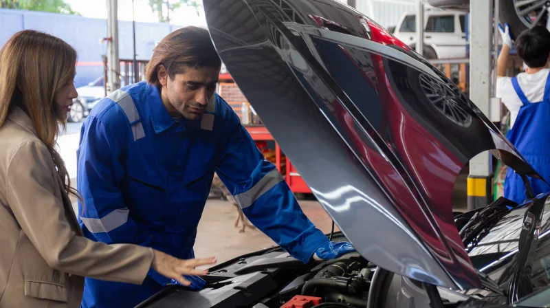 mechanic talking to customer